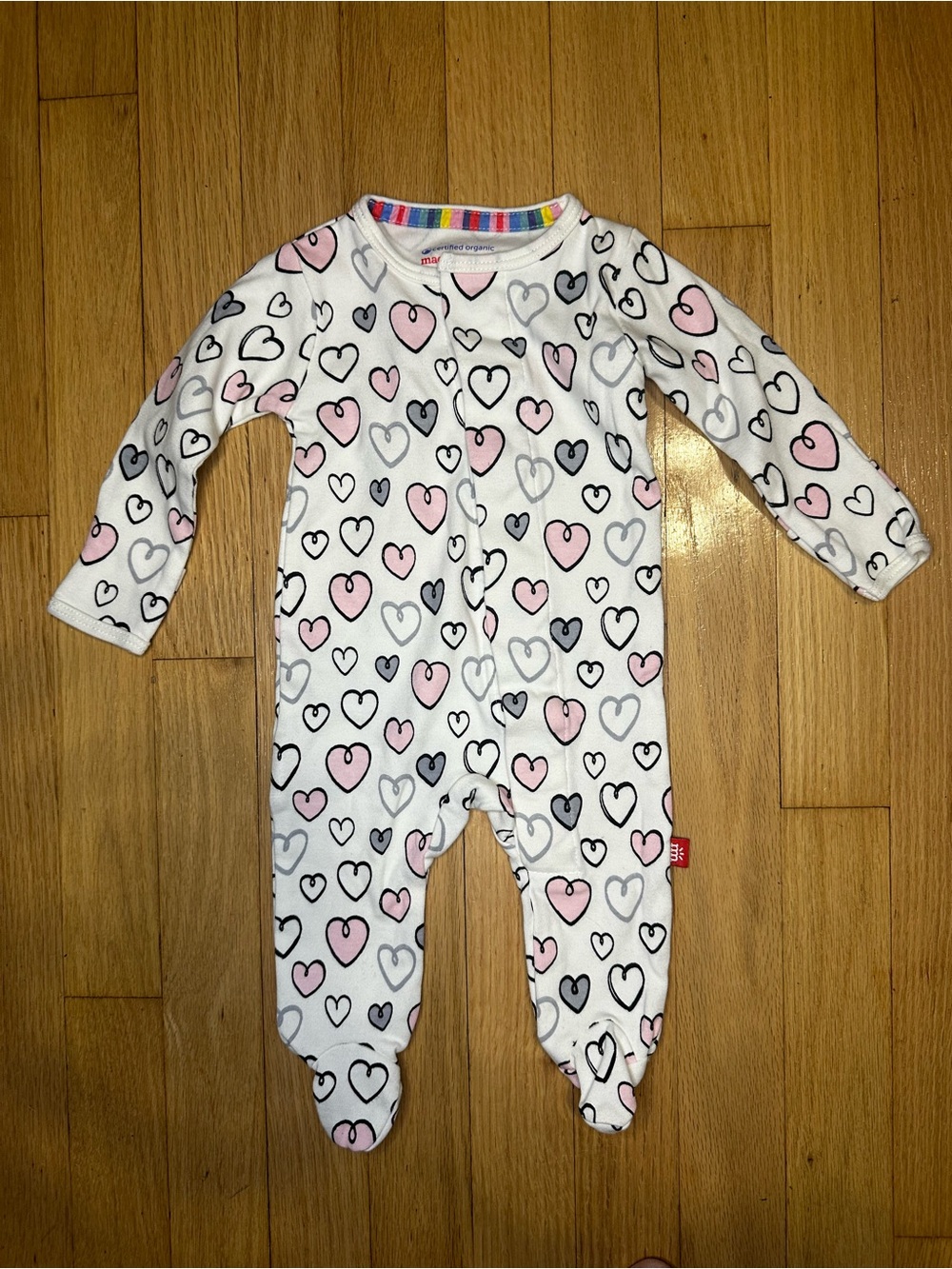 Magnetic Me White Footed One-Piece with Pink and Gray Hearts